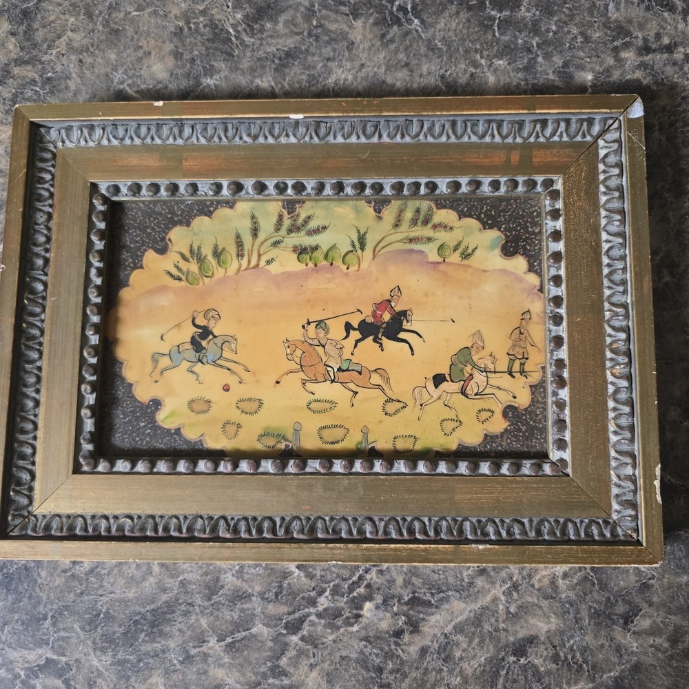 Vtg Persian Oil On Bone Composition Painting‎  Polo Match Framed